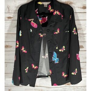 TanJay‎ Black Butterfly Print Lightweight Jacket Size LG Colorful Retro